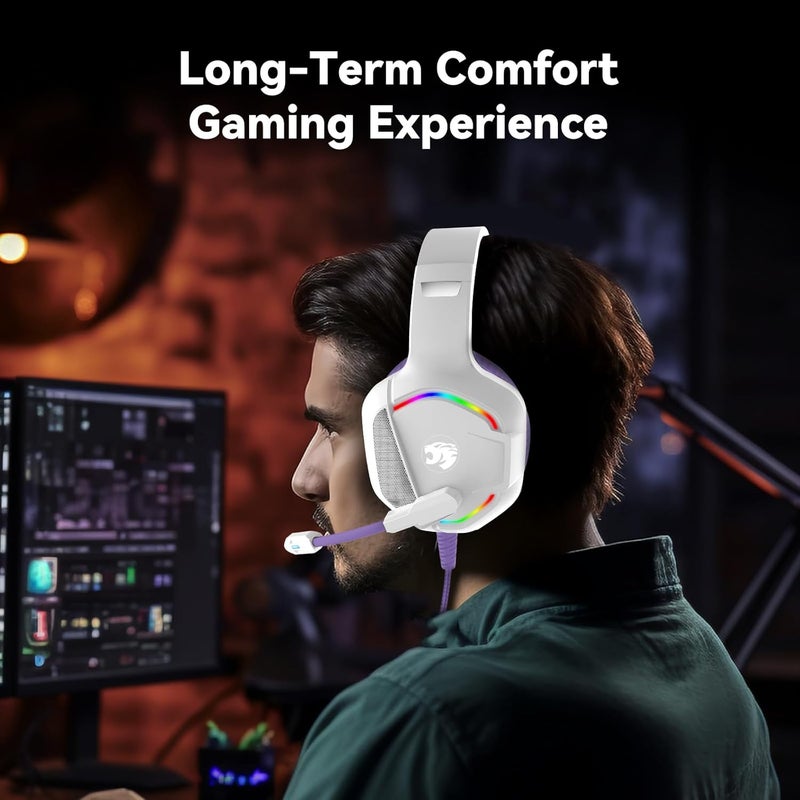 IMYB Gaming Headset with Microphone for Pc, Xbox One Series X/s, Ps4, Ps5, Switch, Stereo Wired Noise Cancelling Over-Ear Headphones with Mic, RGB, for Computer, Laptop, Mac, Nintendo (White Purple) - Image 4